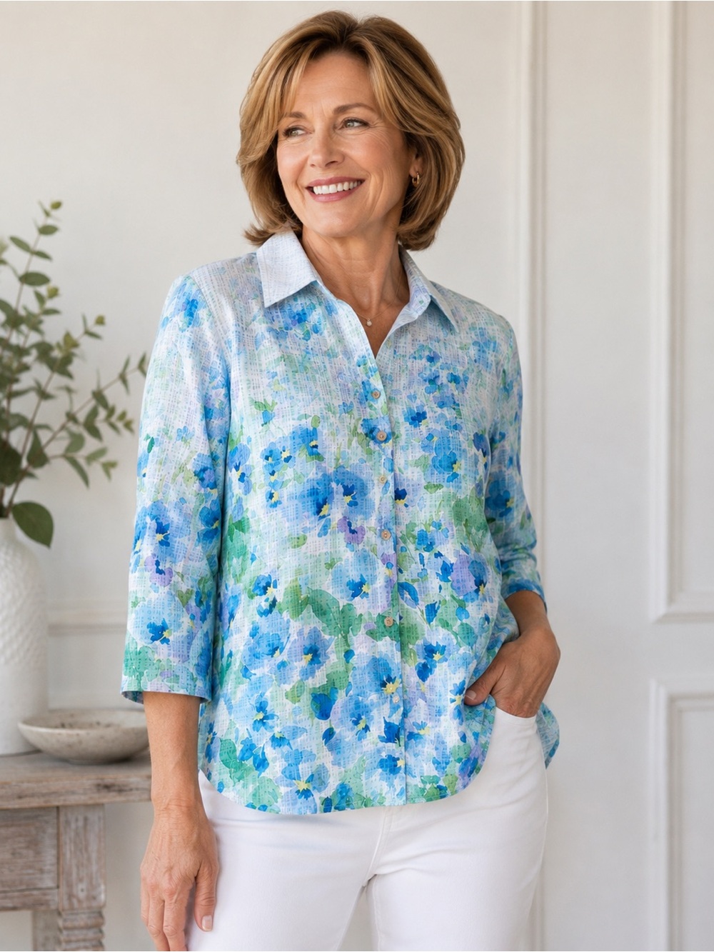 Alfred Dunner Blue Floral Blouse Medium Watercolor Print 3/4 Sleeve Button Front